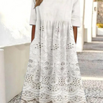 Vintage Lace Floral Print Round Neck Pocket Midi Dress