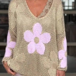 Floral Knitted Hollow V-neck Shirt Floral Mesh Sweater