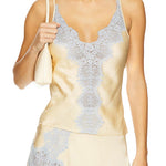 Light gold satin V-neck camisole with blue lace trim + matching skirt set