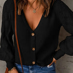 V Neck Long Sleeve Button Down Ribbed Sweatshirts Cardigan