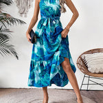 Loose Sleeveless Hollow Pleated Printed Split-Joint Tied Waist Round-Neck Midi Dresses