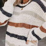 Multicolor Stripes Print Popcorn Drop Shoulder Pullover Sweater