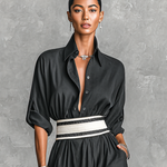Women's Imitation Cupro Fabric Lapel Single-breasted Long-sleeved Waist Maxi Dress