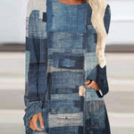 Crew Neck Long Sleeve Denim Pattern Mid-length Blouse