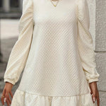 White Grid Textured Ruffle Hem Mini Dress