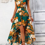 High-Low Loose Flower Print Split-Joint V-Neck Maxi Dresses