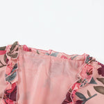 Pastel Red Floral Print Ruffle Trim Plunge Neckline Maxi Dress
