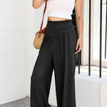 Cotton and linen distressed mid-rise wide-leg trousers