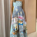 A-Line High Waisted Contrast Color Pleated Printed Split-Joint Spaghetti-Neck Midi Dresses