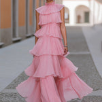 Elegant Pink Pleated Tiered Ruffle Maxi Gown