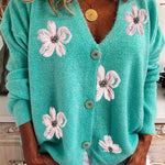 Ladies Long Sleeve Cardigan Embroidered V-Neck Knit Sweater
