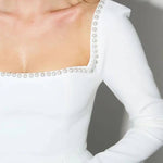 You'll Remember Me Pearl Embellished Square Neck Long Sleeve Mini Dress