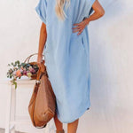 Fashion Solid Color Denim Short Sleeve Long Slit Shirt Dress
