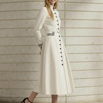 A-Line Elasticated Waist Belted Buttoned Contrast Color Line Split-Joint Stand Collar Maxi Dresses