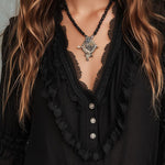 Vintage Black Ruffle Long Sleeve Blouse With Lace Trim