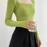 Long Sleeves Skinny Solid Color Square-Neck T-Shirts Tops
