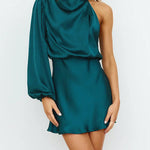High Waisted Long Sleeves Asymmetric Elasticity Solid Color High Neck Mini Dresses