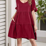 A-Line Flared Sleeves Pleated Pockets Ruffled Solid Color Split-Joint Round-Neck Mini Dresses