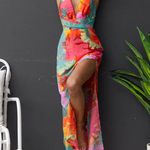 V Neck Sleeveless Tie Back Slit Floral Print Maxi Dress