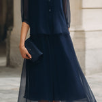 Button-Front Sheer Overlay Midi Dress
