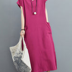 Simple Ramie Cotton Solid Color Split-Side With Pocket V-Neck Short Sleeves Maxi Dress