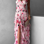 Spaghetti Strap Floral Print Tiered Slit Maxi Dress