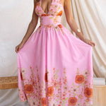 Sunflower Print Halter Backless Waist Tiered Maxi Dress