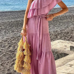 Linen Blend Solid Color Oblique Collar Ruffle Waist Tie Maxi Dress