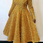 A-Line High Waisted Sequined Split-Joint Zipper Round-Neck Maxi Dresses