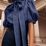 Long Sleeves Puff Sleeves Bow-Embellished Buttoned Split-Joint Tied High Neck Blouses&Shirts Tops