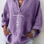 Women's Faith Printed Casual Long Sleeve V-Neck Cotton And Linen Shirt