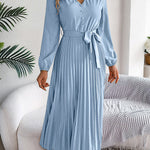 High Waisted Long Sleeves Belted Buttoned Pleated Solid Color V-Neck Maxi Dresses