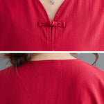 A-Line Loose Chinese Frog Buttons Pockets Solid Color Split-Side V-Neck Midi Dresses