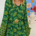 V-neck Bell Sleeve Green Floral Print Dress