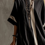 Stylish Urban Patchwork Black Cotton And Linen Short-sleeved Maxi Dress