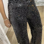 Glitzy Glamour Sequin High Rise Elastic Waist Wide Leg Pants