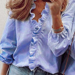 Puff Sleeves Falbala Solid Color V-Neck Blouses
