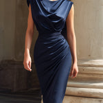 Navy Draped Sleeveless Sculpted Midi Dress