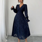 A-Line Elasticated Waist Jacquard Leaves Print Ruffled Solid Color Split-Joint Deep V-Neck Midi Dresses