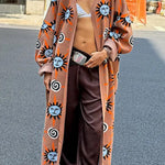 Mediterranean Art Knit Unique Sun Vortex Print Bell Sleeve Long Cardigan