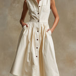 Retro Casual Off-white Stand-collar Sleeveless Denim Midi Dress