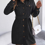 Elasticated Waist Long Sleeves Belted Buttoned Single-Breasted Solid Color Lapel Collar Mini Dresses Shirt Dress