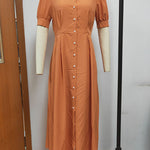 Puff Sleeves Short Sleeves Buttoned Solid Color Round-Neck Midi Dresses Shirt Dress