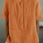 Women's Solid Color Cotton And Linen Lapel Short Sleeved Casual Blouse