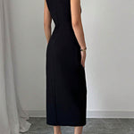 Bodycon High Waisted Bowknot Split-Side Round-Neck Midi Dresses