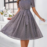 A-Line Elasticated Waist Contrast Color Polka Dot Split-Joint Tied Waist Round-Neck Midi Dresses