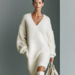 Women's White Elegant V - Neck Mini Sweater Dress