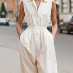 Sleeveless Button-Front Jumpsuit With Drawstring Waist