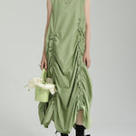 Loose Sleeveless Asymmetric Elasticity Pleated Solid Color Round-Neck Midi Dresses