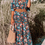 Sky Blue Boho Floral Print Knotted Backless Maxi Dress